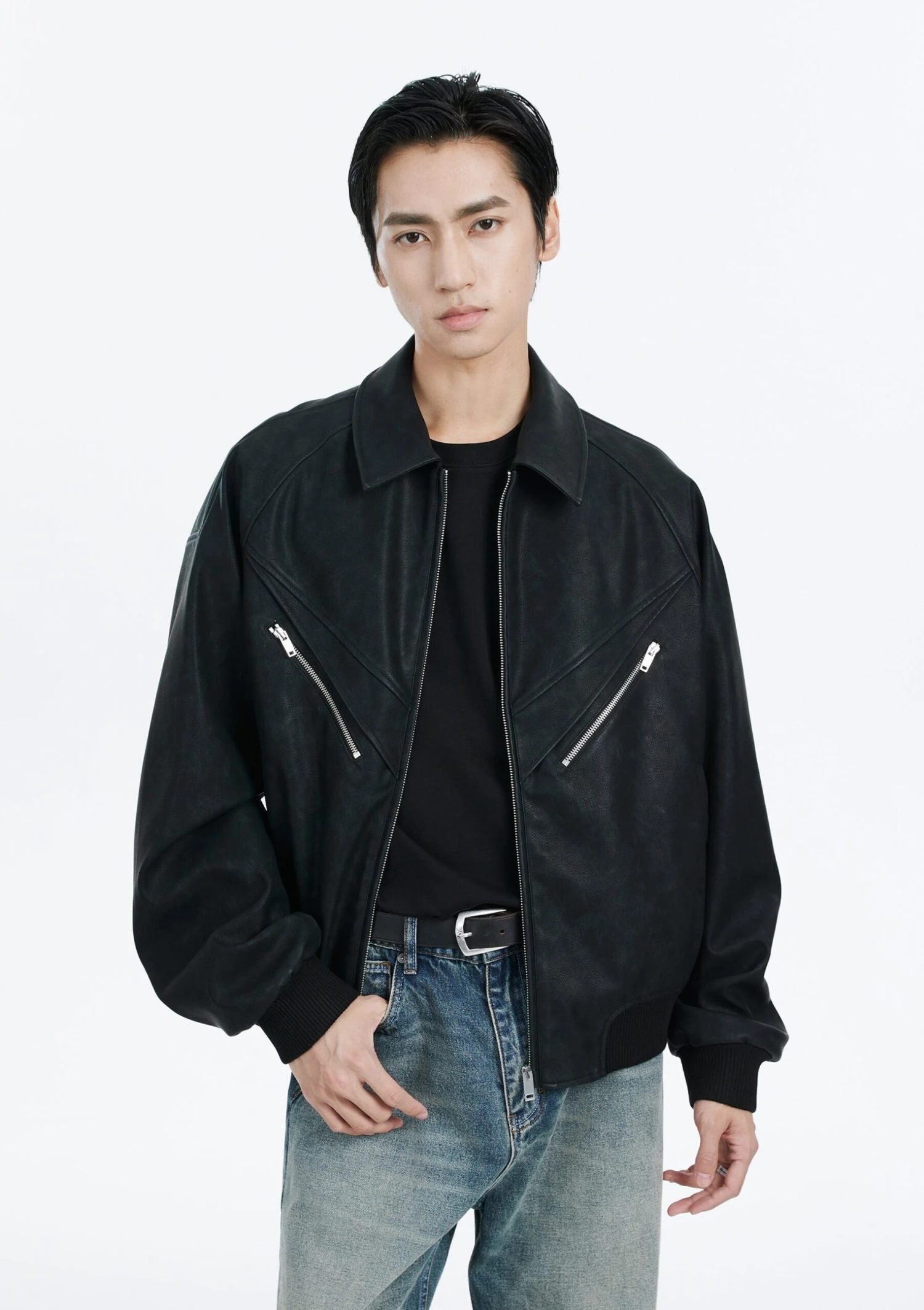 Faux Leather Bomber Jacket With Zip Pocket Details 6 Faux Leather Bomber Jacket With Zip Pocket Details - Image 6