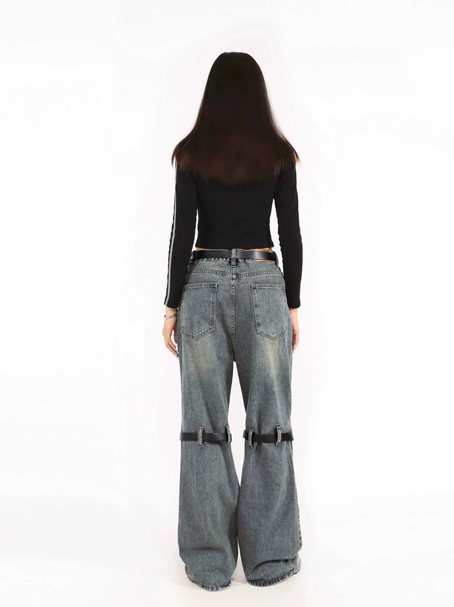 Button Belted Knee-Cutout Straight Faded Jeans 6 Button Belted Knee-Cutout Straight Faded Jeans - Image 6