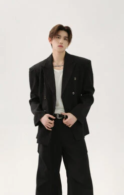 Structured Double-Breasted Blazer With Shoulder Pads And Wide Lapel -Modern Wear Shop 077a82ea0f9bddede486704d6bf401bb