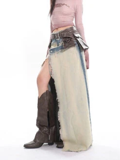 Distressed Trim Denim Patchwork Maxi High Slit Skirt -Modern Wear Shop 079d41322637c9e8b5fa42efb3a6640a