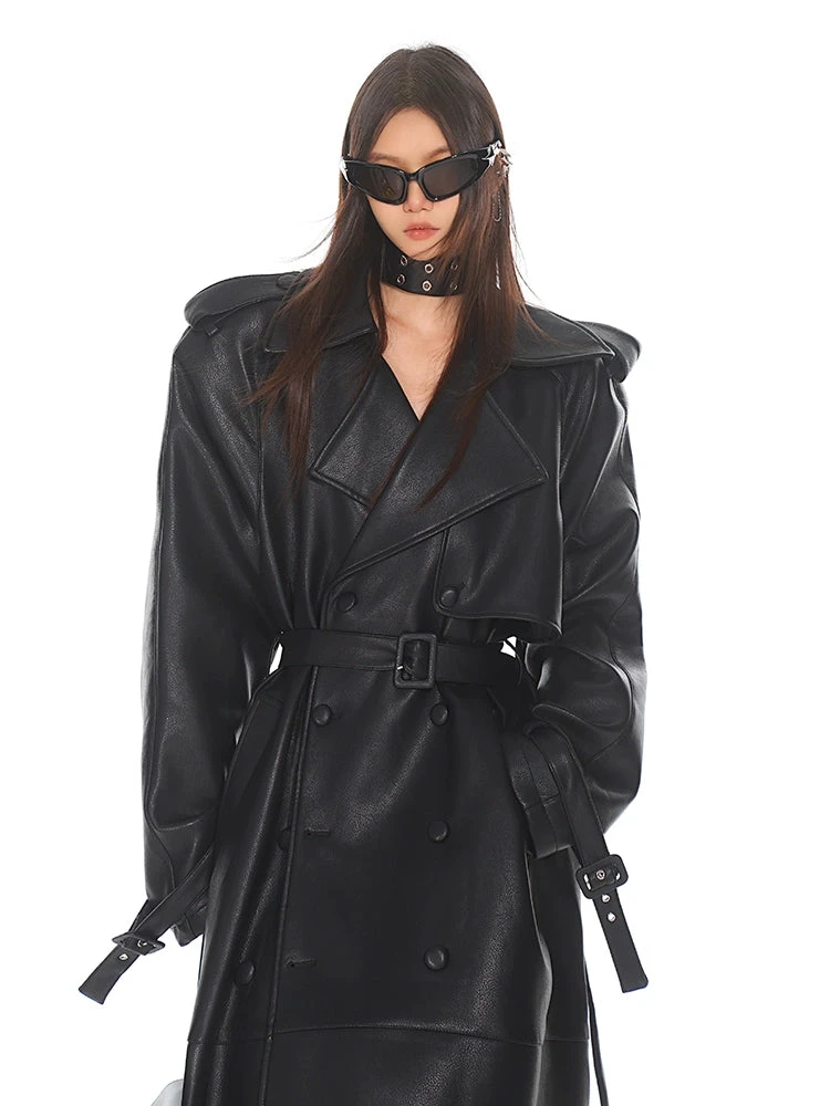 Oversized Belted Faux Leather Coat With Wide Lapels 9 Oversized Belted Faux Leather Coat With Wide Lapels - Image 9
