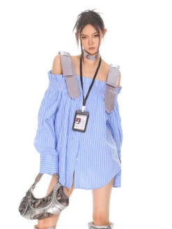 Necktie Strap Ruched Shoulder Stripe Button Top -Modern Wear Shop 080413eca003a6355bf9f99239f3bd3c