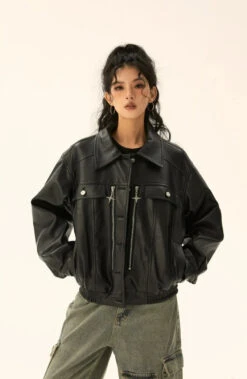Oversized Faux Leather Jacket With Star Pendant Zip Detail