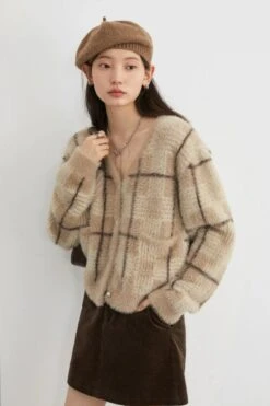 Fuzzy Plaid Cardigan With Pearl Buttons -Modern Wear Shop 0878819a8257b6c3bceebb12236a1752