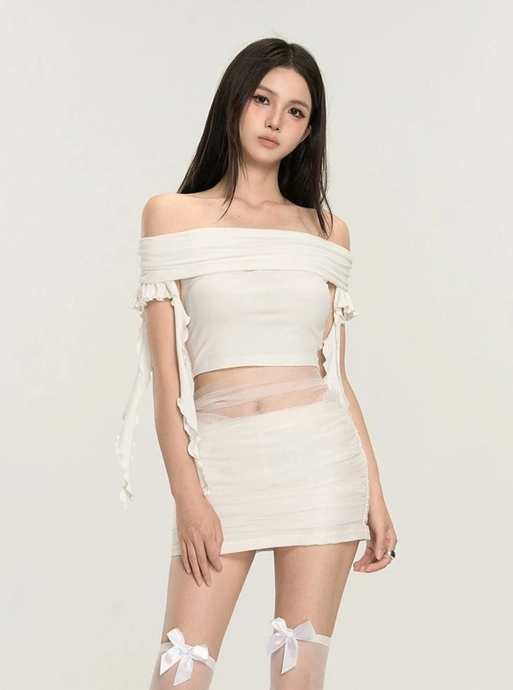 Off-Shoulder Ruched Crop Top With Tie Sleeves 6 Off-Shoulder Ruched Crop Top With Tie Sleeves - Image 6