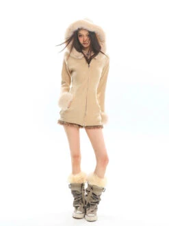 Faux Fur Trim Hooded Zip-Up Knit Jacket -Modern Wear Shop 093788302c01ab8dd911922f957fed21
