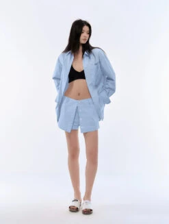 Pinstripe Long Sleeve Button-Up Shirt And Skort Skirt Two-Piece Set -Modern Wear Shop 0983e9e3358b6641738bfb72222e07fd