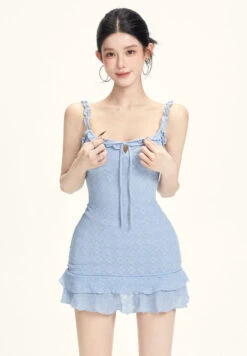 Textured Bodycon Mini Dress With Ruffle Strap And Hem