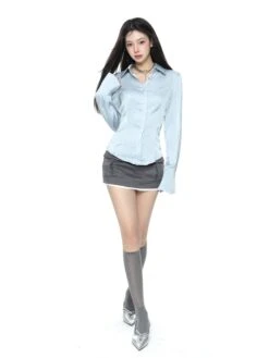 Pinstripe Satin Button-Up Shirt With Flare Long Sleeve 12 Pinstripe Satin Button-Up Shirt With Flare Long Sleeve -Modern Wear Shop 0a13e4051695335bc42f38be5030916c