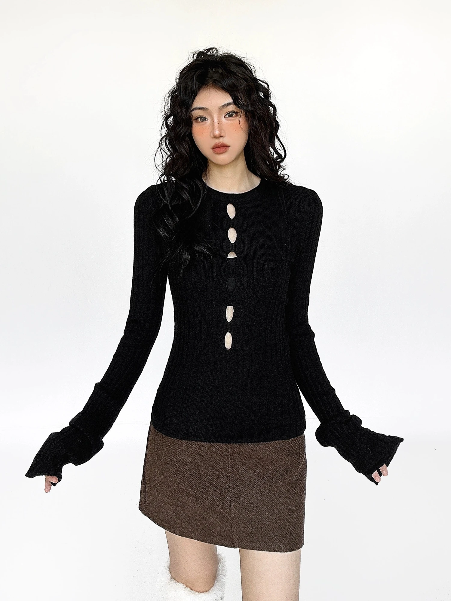 Flare Long Sleeve Ribbed Knit Top With Cutouts 1 Flare Long Sleeve Ribbed Knit Top With Cutouts