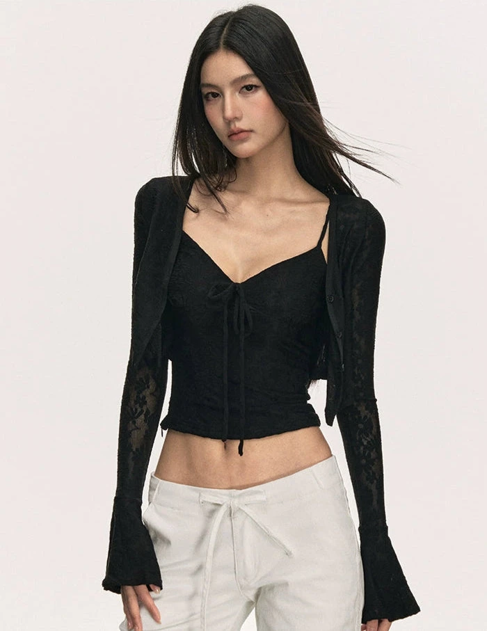 Floral Cami Top With Adjustable Strap And Flare Sleeve Crop Cardigan Two-Piece Set 9 Floral Cami Top With Adjustable Strap And Flare Sleeve Crop Cardigan Two-Piece Set - Image 9