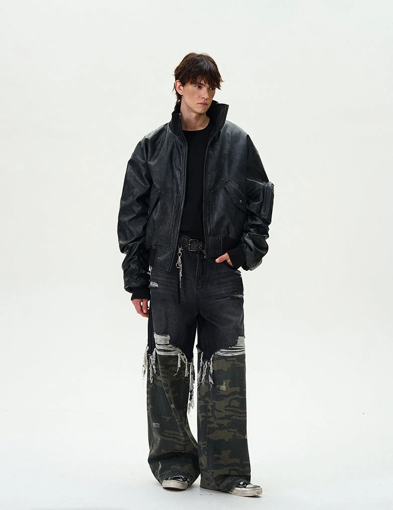 Oversized Faux Leather Mid Crop Bomber Jacket With Sleeve Zip Pocket 11 Oversized Faux Leather Mid Crop Bomber Jacket With Sleeve Zip Pocket - Image 11