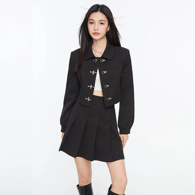 Boxy Collared Crop Jacket With Fireman Buckles And Mini Skirt Two-Piece Set 5 Boxy Collared Crop Jacket With Fireman Buckles And Mini Skirt Two-Piece Set - Image 5