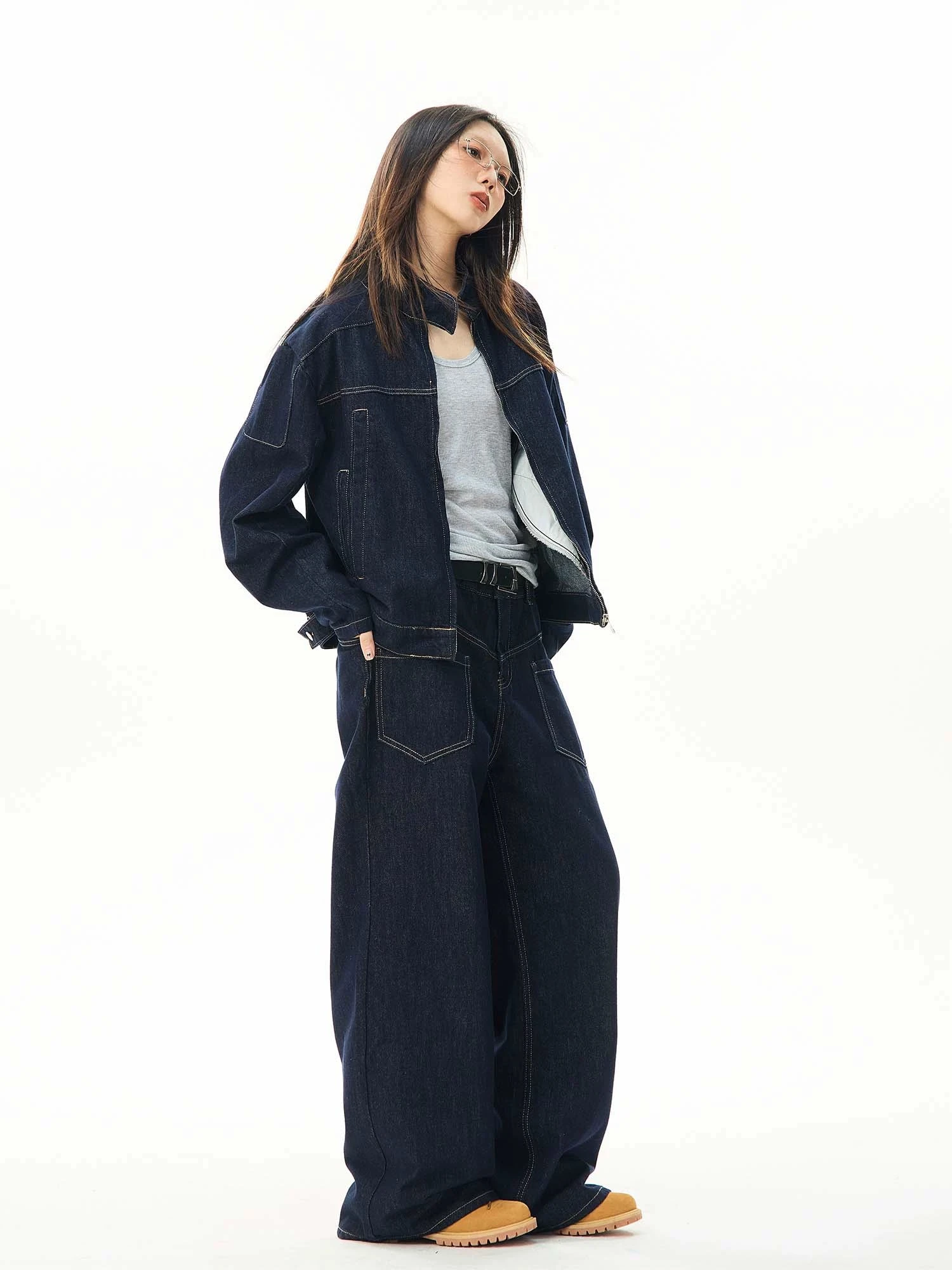 Oversized Contrast Stitch Denim Zip Jacket 14 Oversized Contrast Stitch Denim Zip Jacket - Image 14