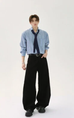 Textured Long Sleeve Button-Up Stripe Shirt With Chest Pocket And Necktie -Modern Wear Shop 0b90dc05985a0f98d5ea842817bf8072