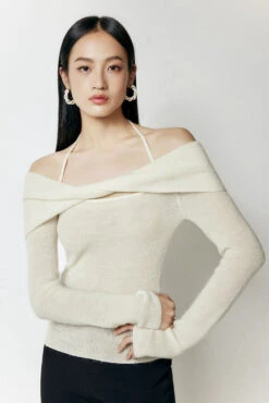 Off-Shoulder Ribbed Long Sleeve Halter-Neck Sweater Top -Modern Wear Shop 0c7ac9906781c6db3d450cc33055104f