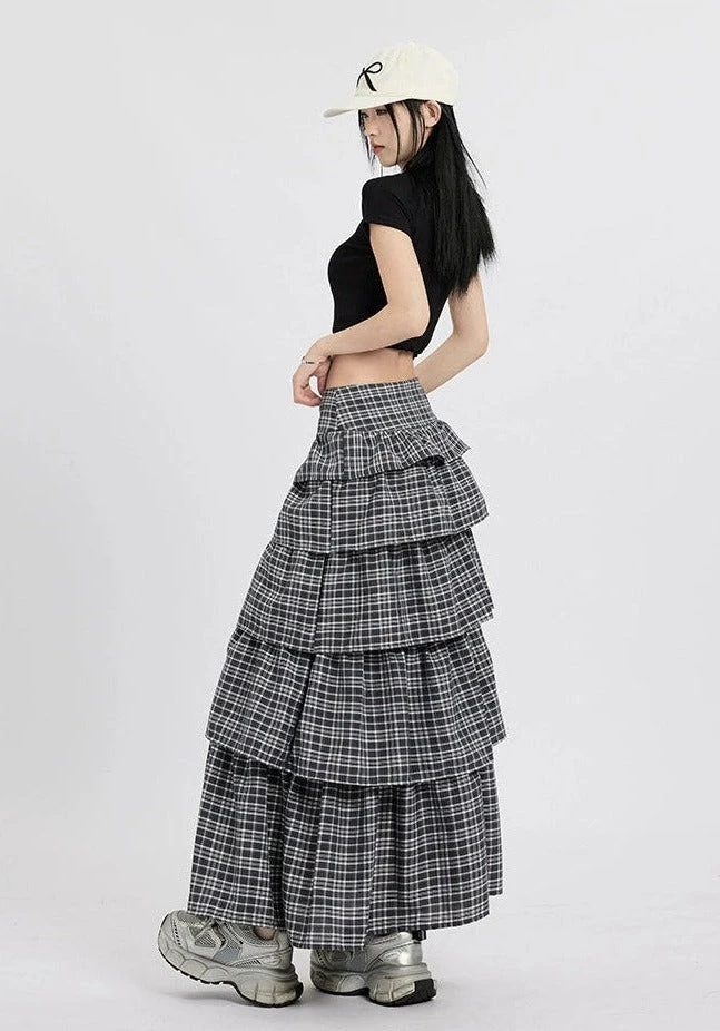 Layered Plaid Maxi Skirt With Ruffle Detail 5 Layered Plaid Maxi Skirt With Ruffle Detail - Image 5