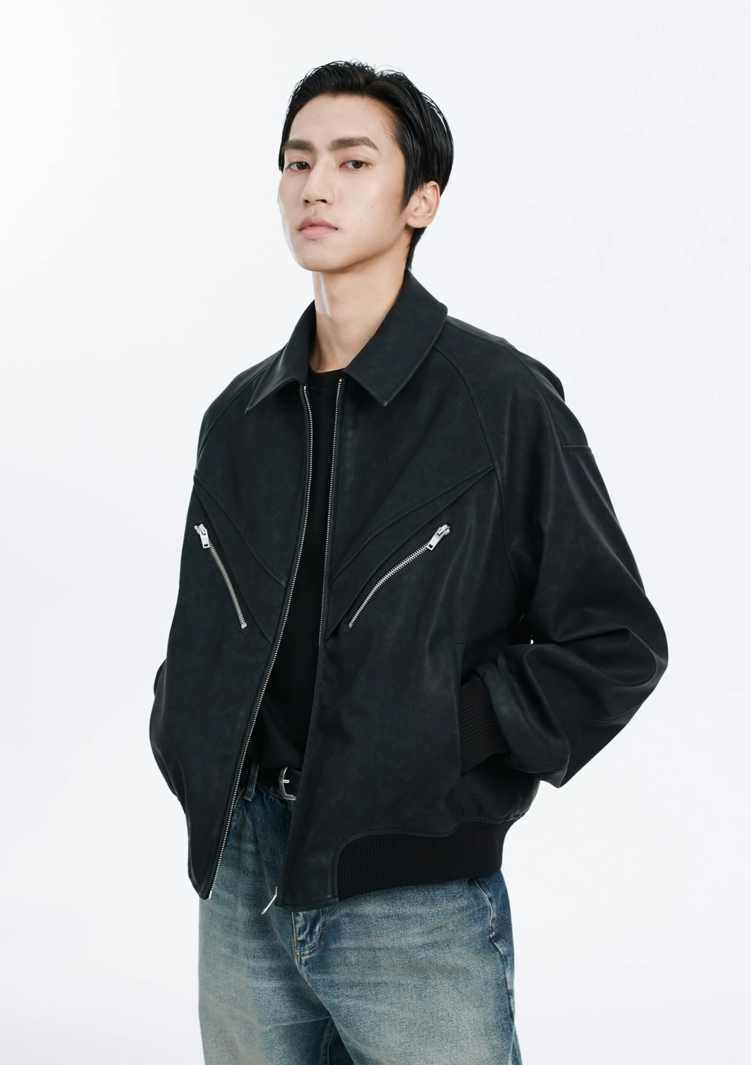 Faux Leather Bomber Jacket With Zip Pocket Details 2 Faux Leather Bomber Jacket With Zip Pocket Details - Image 2