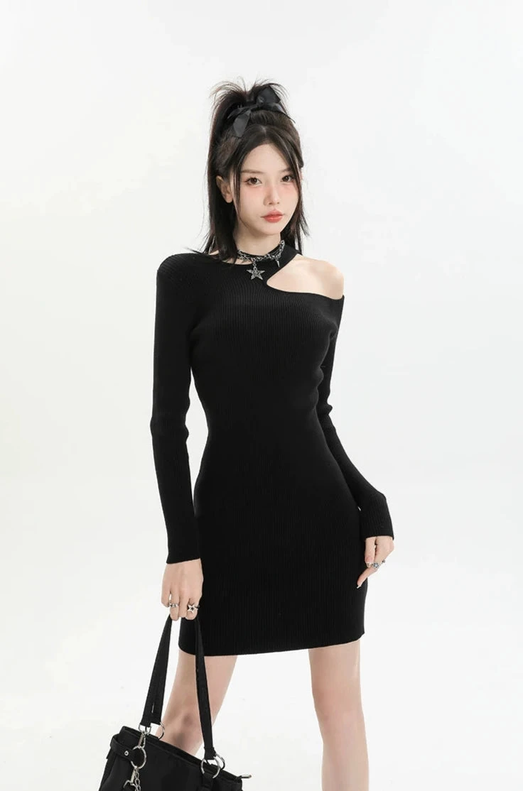 Asymmetric Collar Long Sleeve Bodycon Mini Dress 1 Asymmetric Collar Long Sleeve Bodycon Mini Dress