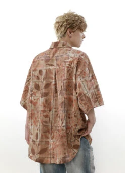Checkered Leaf Print Oversized Short Sleeve Button Shirt -Modern Wear Shop 0cdf39b9426758bf2ff48359c52c8cb2