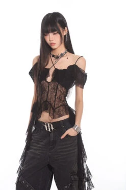 Lace Overlay Off-Shoulder Cropped Top With Hanging Ruffles -Modern Wear Shop 0cff4e773a3c24586889946018c378a2