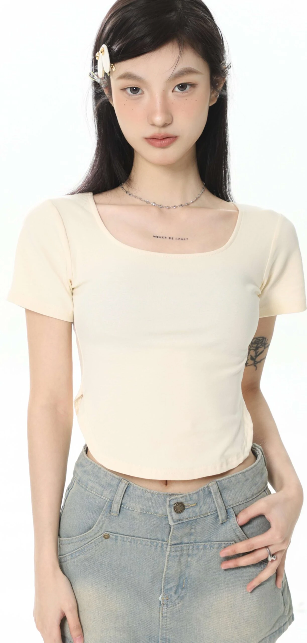 Cropped U-Neck Curve Hem Baby Tee 14 Cropped U-Neck Curve Hem Baby Tee - Image 14