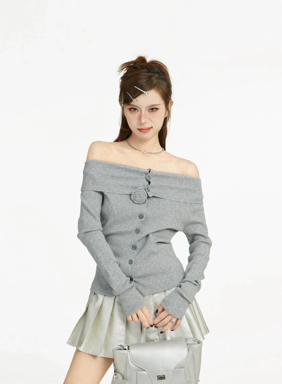 Off Shoulder Long Sleeve Button Top With Flower Applique 4 Off Shoulder Long Sleeve Button Top With Flower Applique - Image 4