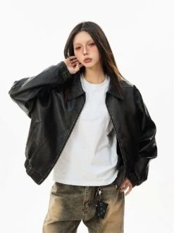Faux Leather Bomber Jacket With Elastic Cuffs And Hem -Modern Wear Shop 0dd596536dac1b04c45fe3ae46652ac8