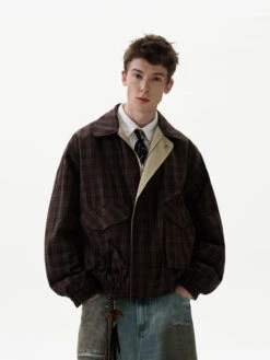 Plaid Oversized Drop Shoulder Jacket With Elastic Trim