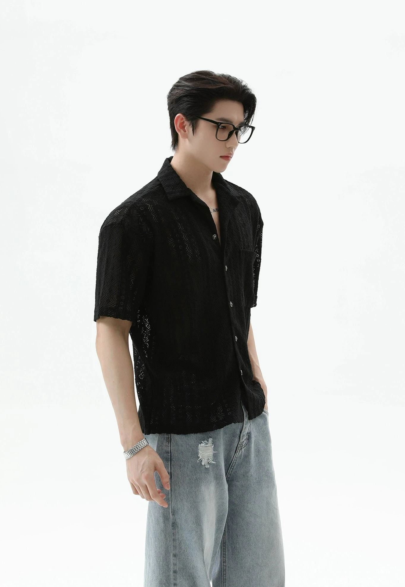 Button-Up Sheer Lace Shirt With Geometric Pattern 8 Button-Up Sheer Lace Shirt With Geometric Pattern - Image 8