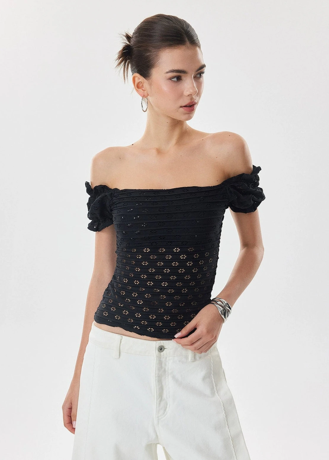 Off Shoulder Eyelet Lace Puff Sleeve Top 1 Off Shoulder Eyelet Lace Puff Sleeve Top