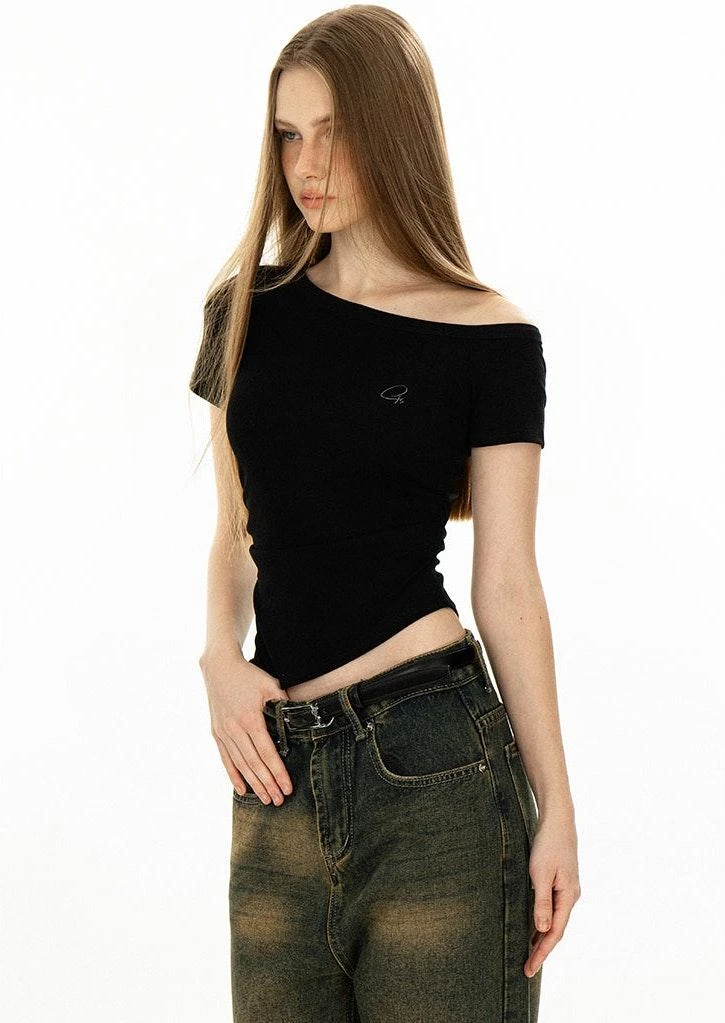 Asymmetric Neckline Slim Short Sleeve Crop Top 10 Asymmetric Neckline Slim Short Sleeve Crop Top - Image 10