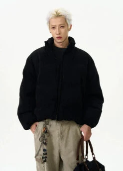 Textured Mid-Crop Puffer Jacket With Ribbed Pocket Details -Modern Wear Shop 0ed25e47ef725e3cc8db902ddb8fd2ea