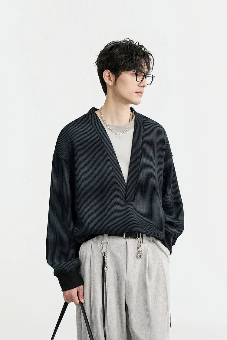 Mock Layered Gradient Ribbed V-Neck Knit Sweater 15 Mock Layered Gradient Ribbed V-Neck Knit Sweater - Image 15