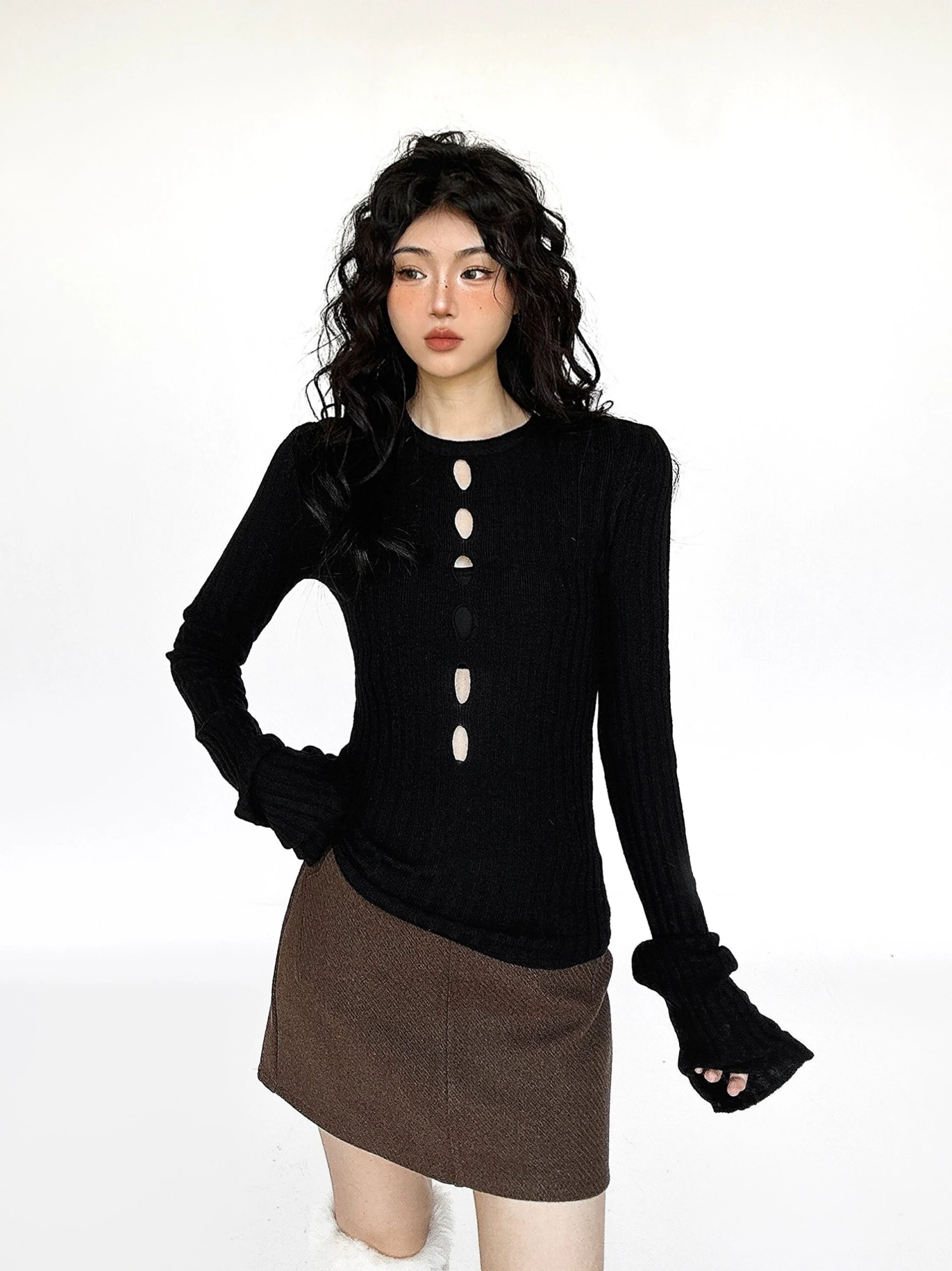 Flare Long Sleeve Ribbed Knit Top With Cutouts 6 Flare Long Sleeve Ribbed Knit Top With Cutouts - Image 6