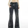 Distressed Stitch Flare Denim Jeans With Metallic Detail Belt