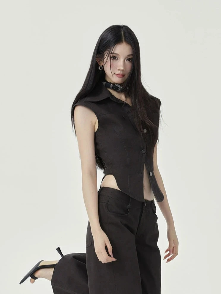 Sleeveless Collared Button-Up Waistcoat Top 8 Sleeveless Collared Button-Up Waistcoat Top - Image 8