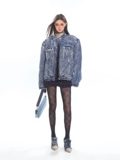 Distressed Trim Stripe-Washed Boxy Denim Jacket -Modern Wear Shop 0f7daf48f1a49c42fff268700fe663c4