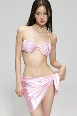 Shell Halter Bikini Set With Sarong Skirt
