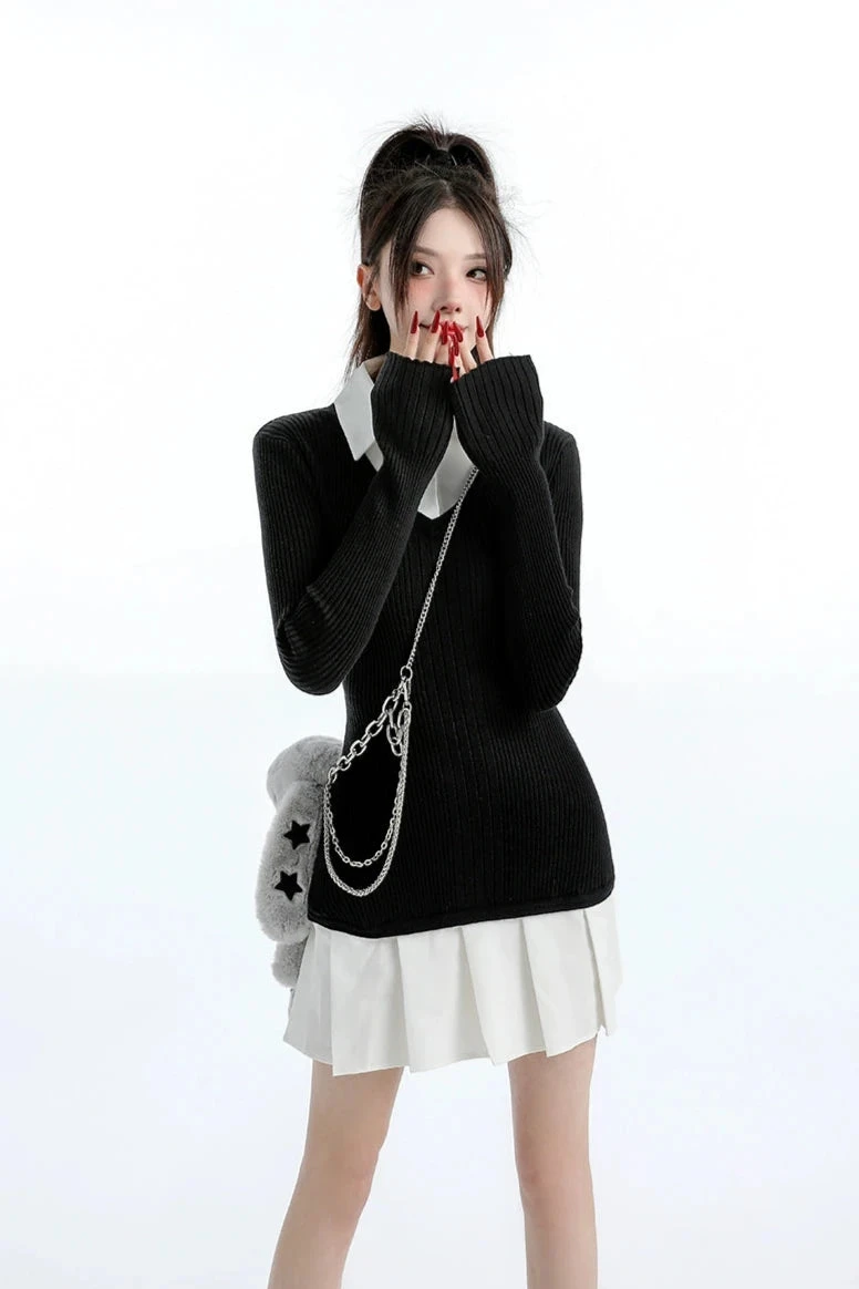 Mock Layered Pleated Hem Long Sleeve Dress 3 Mock Layered Pleated Hem Long Sleeve Dress - Image 3