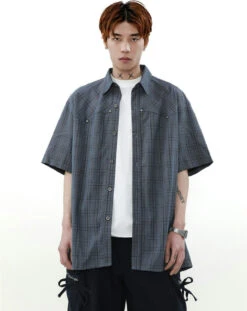 Oversized Plaid Button-Up Short Sleeve Shirt -Modern Wear Shop 10312a60497a78c68732aa501a663909