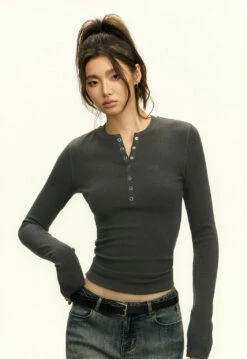 Ribbed Long Sleeve O-Neck Henley Top 35 Ribbed Long Sleeve O-Neck Henley Top -Modern Wear Shop 103ba8e58044314818f31c9dc3cc63df