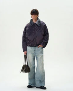 Contrast Faux Fur Collar Glossy Snap Button Bomber Jacket -Modern Wear Shop 103ed496474dbb1a5006609e939e6c6a