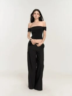 Wide-Leg Low Waist V-Shape Trousers With Floral Accent -Modern Wear Shop 104d297cf6e2c482d7b2104061c27850