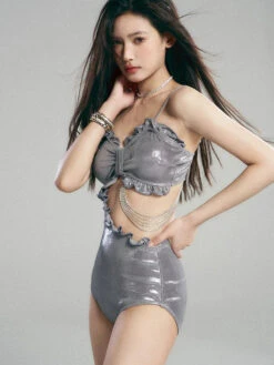 Metallic Ruched One-Piece Swimsuit With Tie Front -Modern Wear Shop 106efbf389aee10902c418e9fdef061d