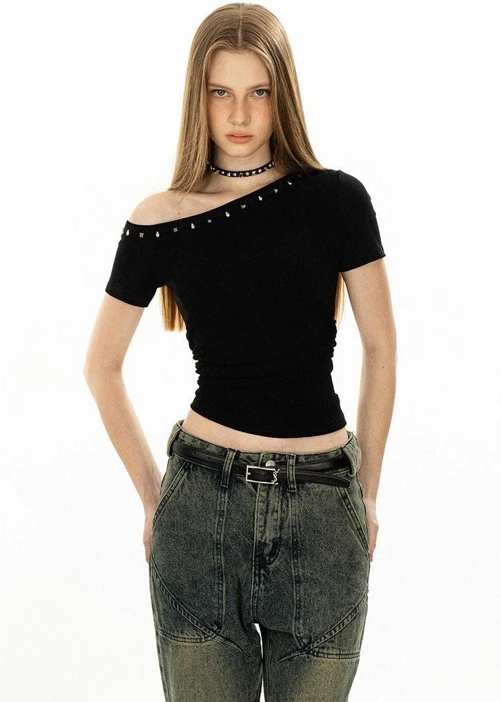 Asymmetric Studded Neckline Crop Top 10 Asymmetric Studded Neckline Crop Top - Image 10