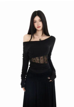 Off Shoulder Lace Panel Top And Ruched Waist Maxi Skirt Two-Piece Set -Modern Wear Shop 11492374634ba670f480bfbbed1c49d7