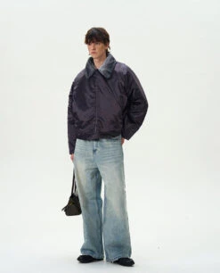 Contrast Faux Fur Collar Glossy Snap Button Bomber Jacket -Modern Wear Shop 115adb2763f0af8d9e0d30699b43cf32