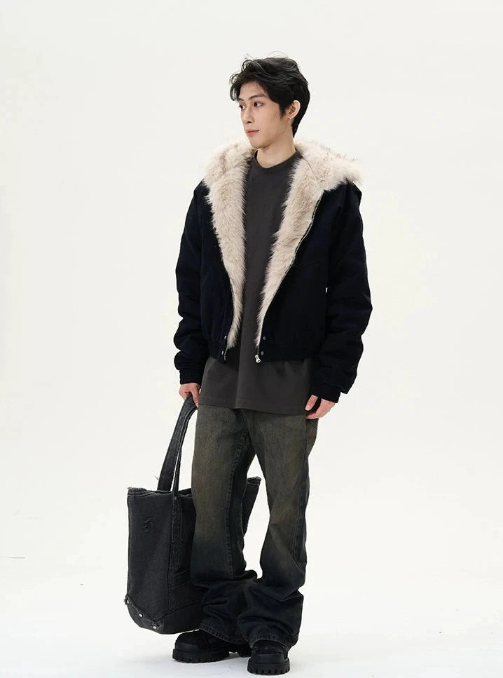 Oversized Faux Fur Collar Hooded Bomber Jacket 4 Oversized Faux Fur Collar Hooded Bomber Jacket - Image 4