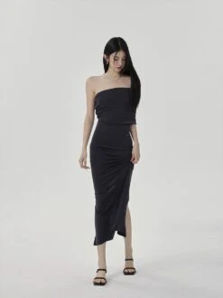 One-Shoulder Ruched Layered Midi Dress -Modern Wear Shop 11abbf6d87971d074c92add273ed6ea9